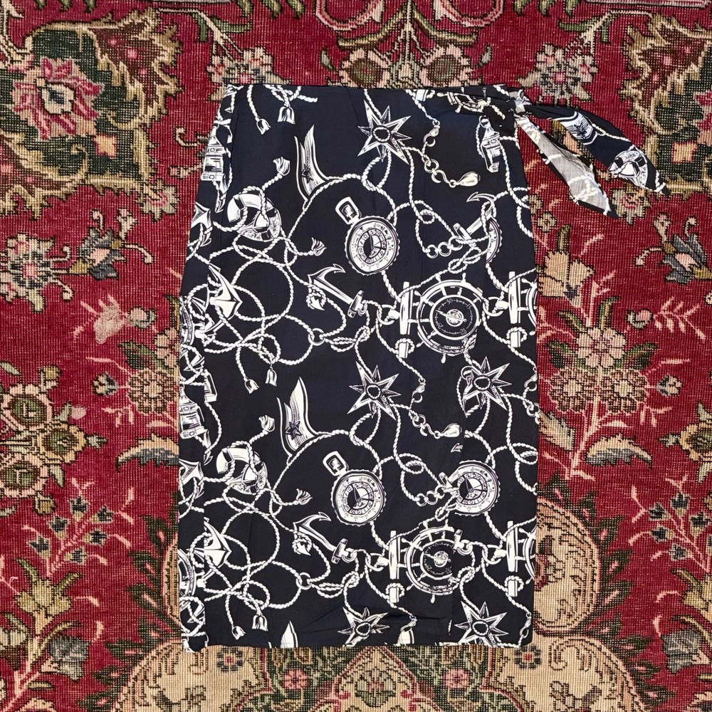 Talbots Wrap Skirt Womens 12P Navy‎ Nautical Anchor Print Excellent Midi Tie